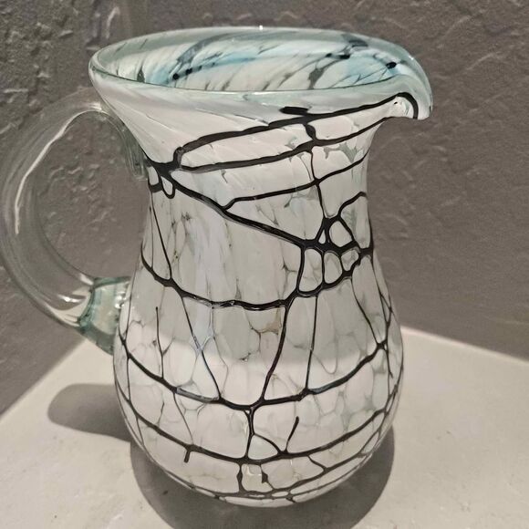 Black and White Art Glass Pitcher White with drizzle 9" - Picture 5 of 8